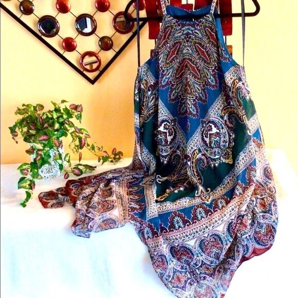 FESTIVAL NIGHT RIDER BOHO KERCHIEF HEM DRESS - TRUE TEAL/TAN 8 NWT - Picture 7 of 16